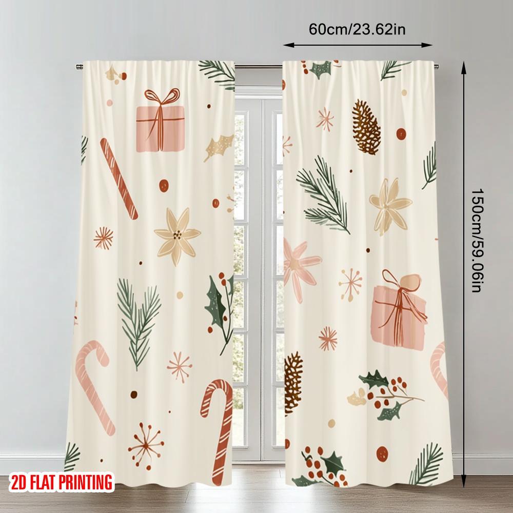 2pcs 2D flat printing Happy Christmas Scene Curtains Christmas Wrapping Paper Gifts Pinecones Digital Printed Polyester Drapes