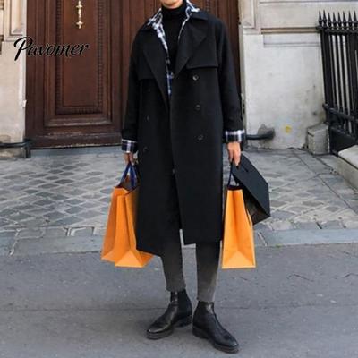 Casaco corta-vento masculino com cinto, lapela, manga longa, abotoamento duplo, ajustável, à prova de vento, bolsos, cor sólida, corte solto, comprimento médio, peça de outer wear