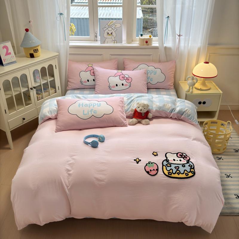 Cute Pink Cartoon Cat Towel Embroidery Girls Kids Bedding Set Soft Washed Cotton Duvet Covers Set Bed Sheet Pillowcases 3/4Pcs