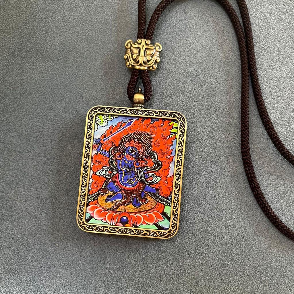 Thangka Pendant Necklace - Yellow & Black Guardian Buddha Amulet