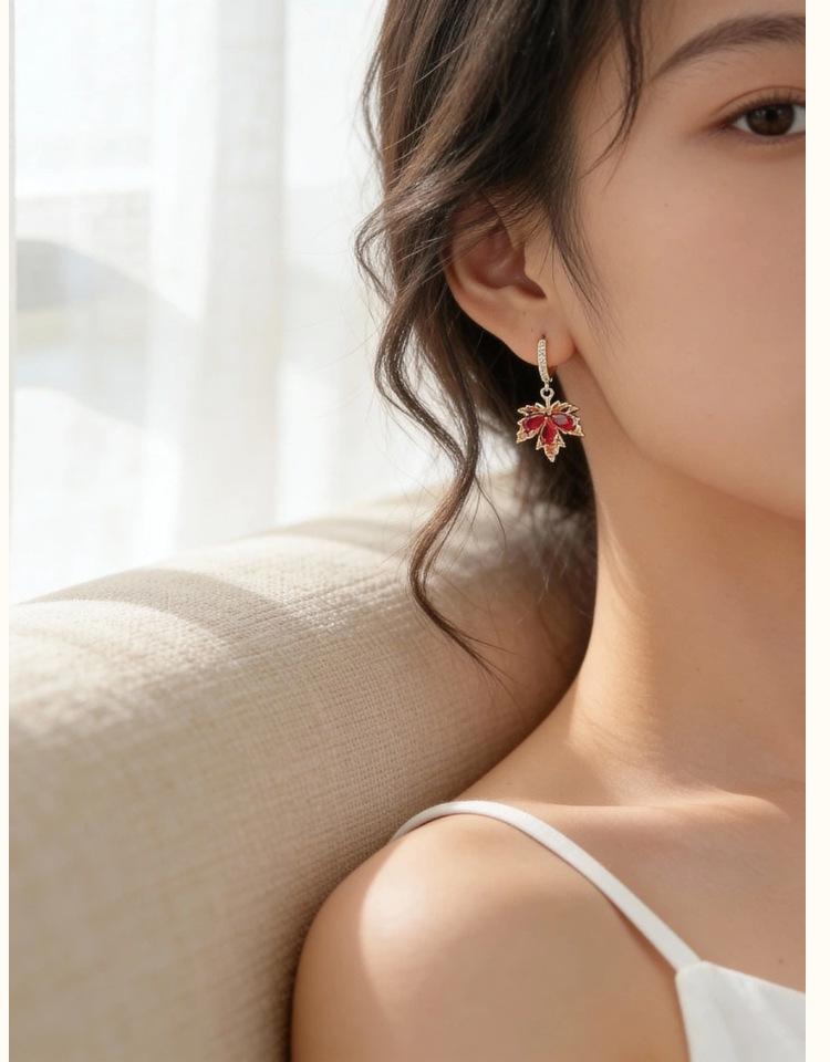 18k Gold Double Maple Leaf Stud & Ear Cuff Earrings for Women