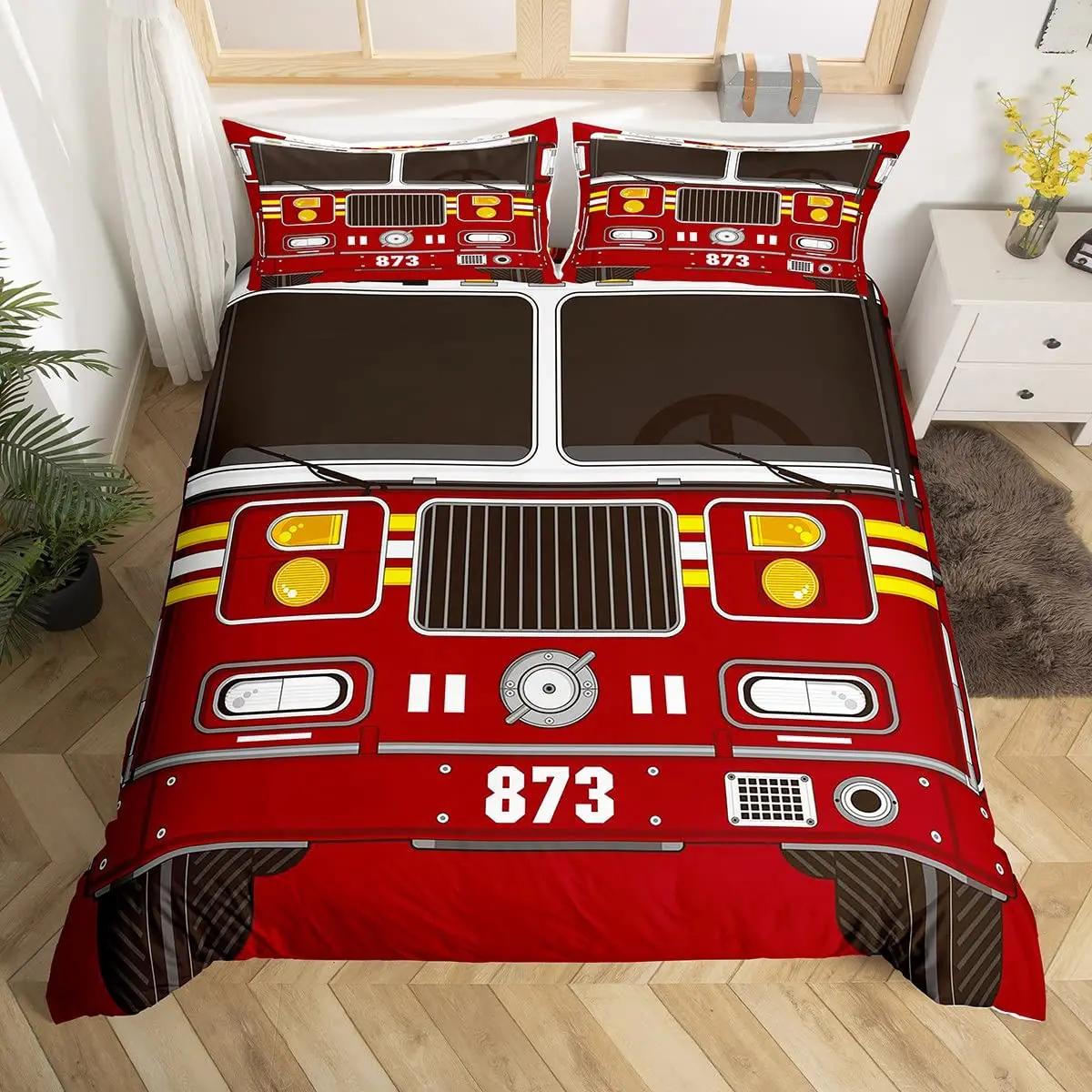 

Fire Truck Beding Set,Burning Flames Soft Duvet Cover for Children Kids Fire Engine Warm Comforter Cover Red Truck Comfortable Quilt Cover featuring 2 100*200cm Single