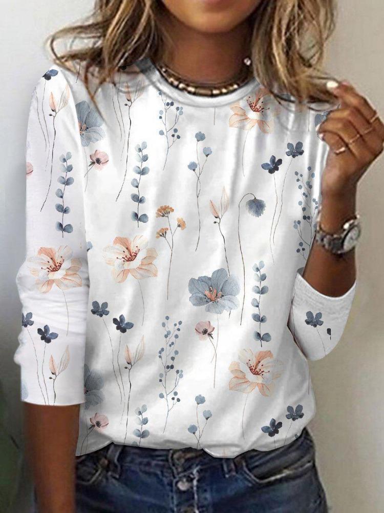 Fashion Women Long Sleeve Cross Border Floral Print Trendy T-Shirt European American