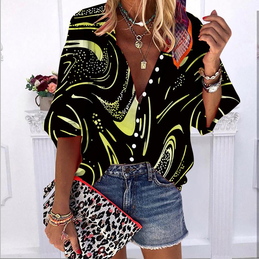 

2023 Лето-Осень Новые модные женские топы Желтые звездные волны с принтом до половины рукава Повседневная рубашка на пуговицах больших размеров с объемными рукавами 6XL жёлтый