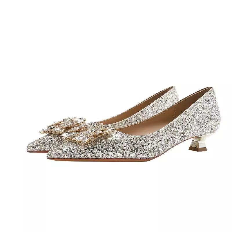 Autumn new champagne high heels women's thin heels square buckle rhinestone pointed temperament bride shoes wedding shoes women