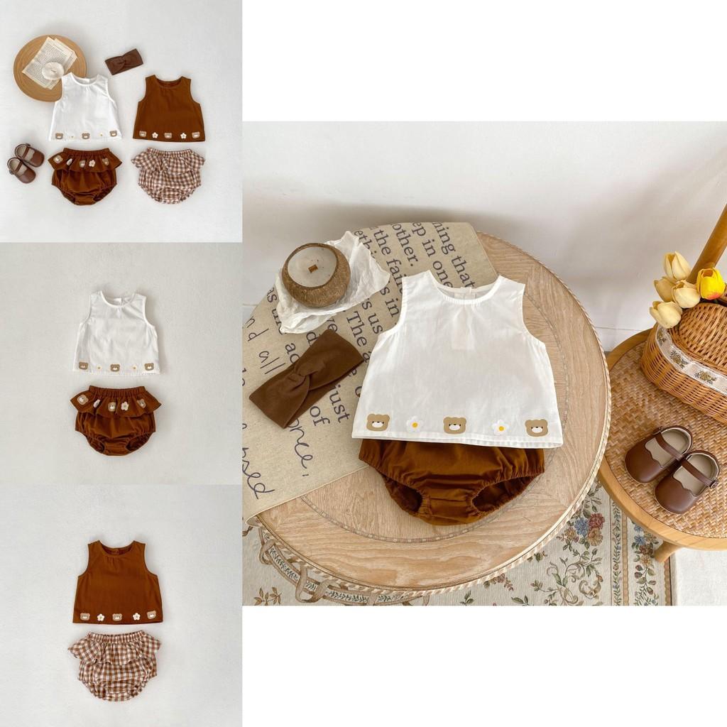 Adorable Baby Outfit Set With Bear Print Sleeveless Top And Ruffled Triangle Shorts For Boys And Girls Perfect For Summer Ages 1 To 3