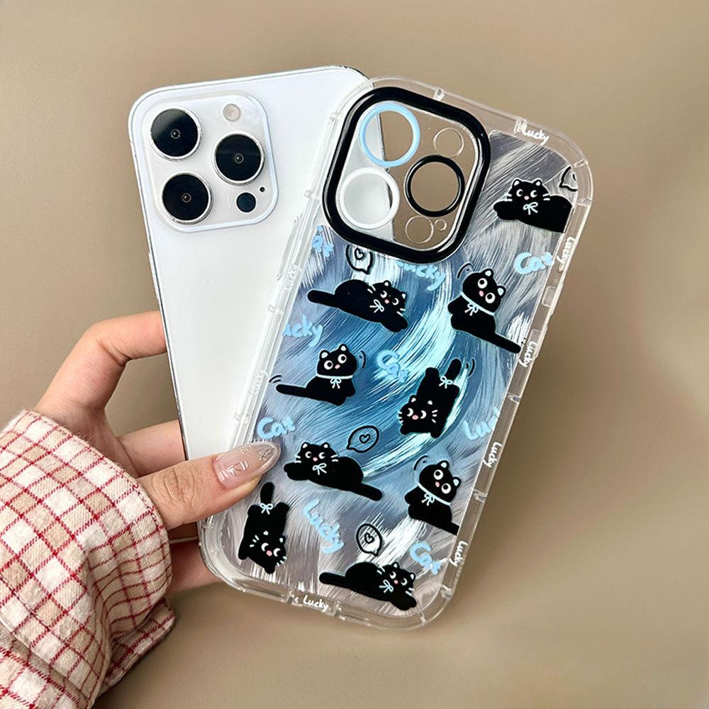

Suitable for Apple 16promax Phone Case, Fine Hole Silver Black Frame Feathered 12pro Cute Cat Phone Case 13 iPhoneX