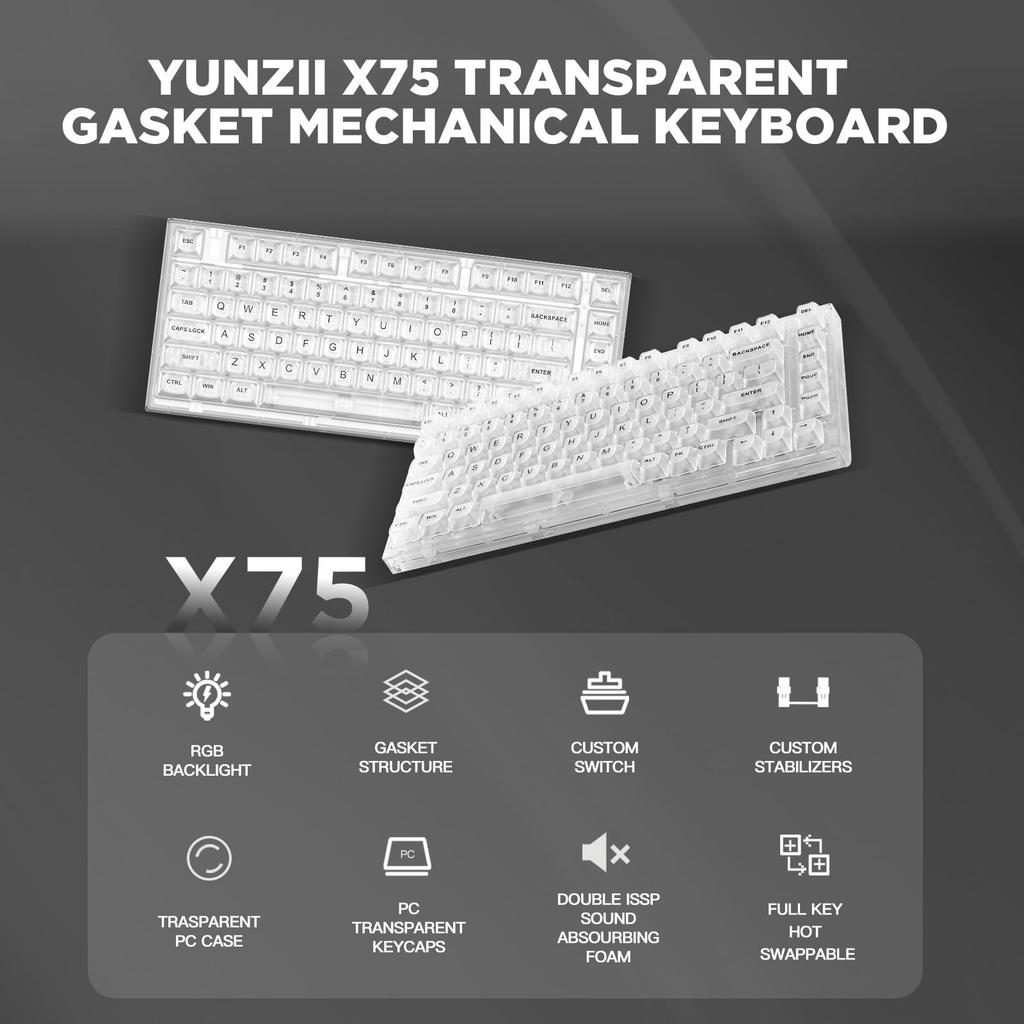 YUNZII X75 Hot-Swap Mechanical Keyboard with Clear Keycaps, Gasketed 75 Keys, RGB Backlit, WindowsMac Compatible (Crystal White Switches, White Wired)