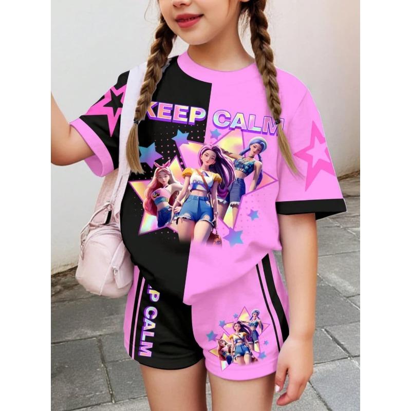 Kpop Cartoon Graphic Girls T-Shirt and Pants Set Girls' Summer Clothing Cute Short Sleeve Set Children's T-Shirt and Shorts Set