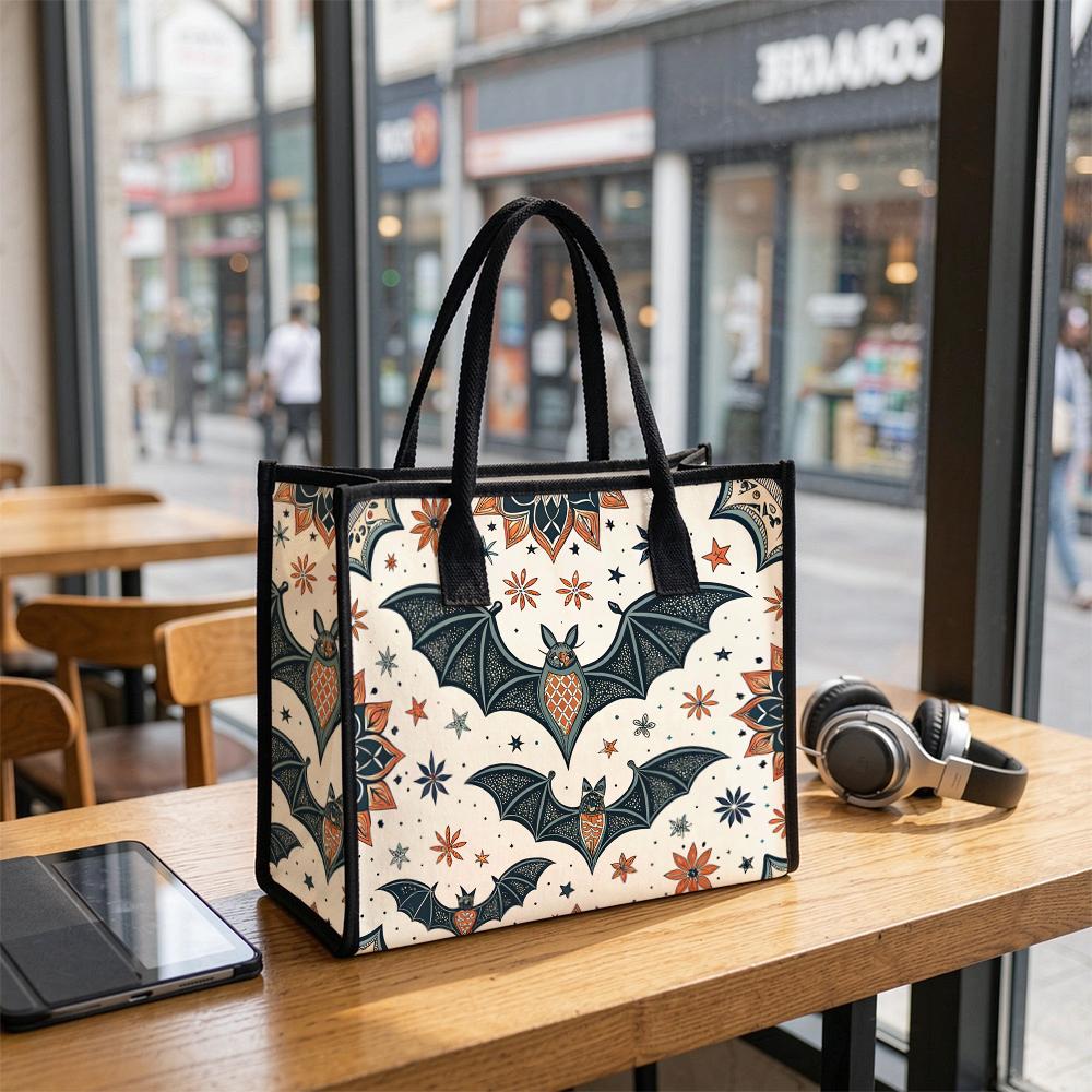 Boho Bat Print Tote Bag Casual Large Capacity Canvas Handbag for Daily Use