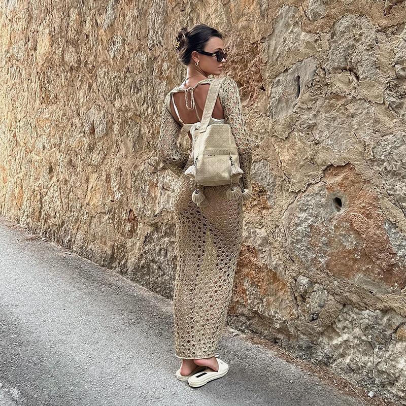 2024 Women's European & American Knitted Beach Dress: Hollow Out, Solid Color, Sexy Backless, Tie-Up, Long Sleeve Maxi Dress & Bikini Cover-Up