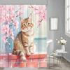 Flowers and Cat Shower Curtain Watercolor Pink Floral Cute Pet Animal Kitty Kitten Aesthetic Bathroom Decor Curtains Set with