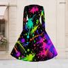 Women Plus Size V Neck Long Sleeve Rainbow Splash Printed Tie Waist A Line Midi Dress