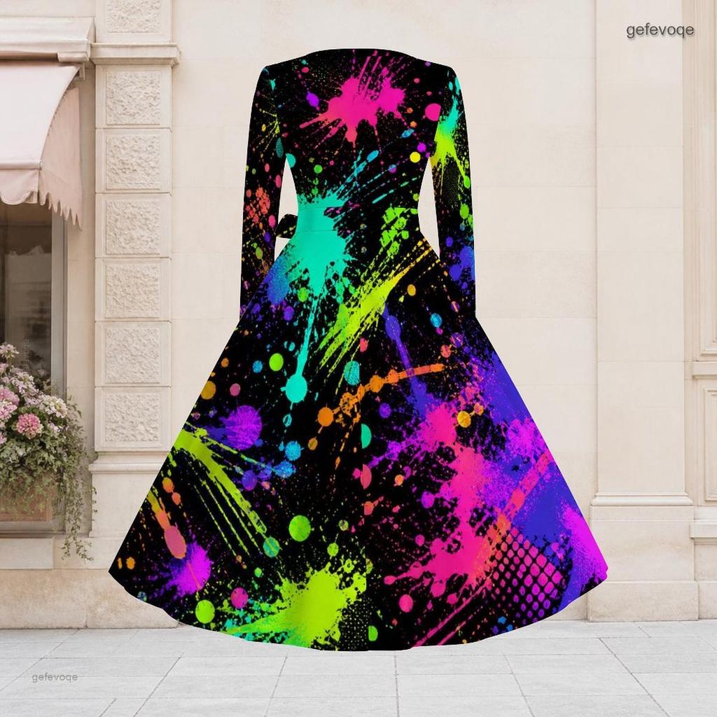 Women Plus Size V Neck Long Sleeve Rainbow Splash Printed Tie Waist A Line Midi Dress