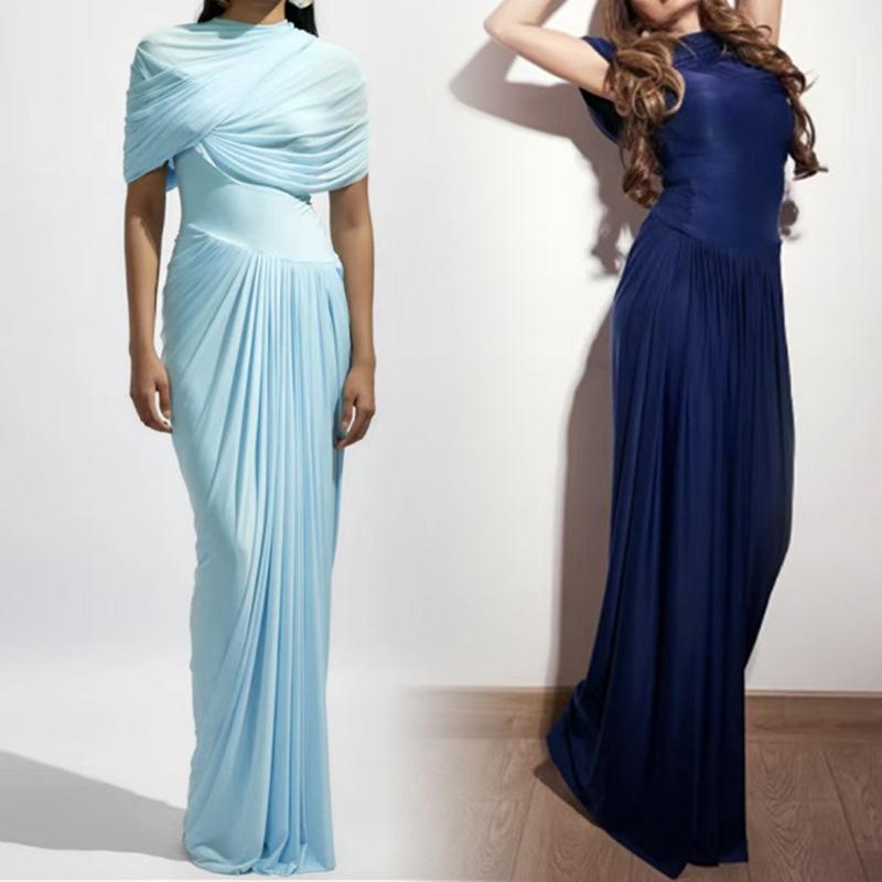 Women's clothing, new spring models in Europe and America, fashionable stand-up collar waist pleated elegant dress dress