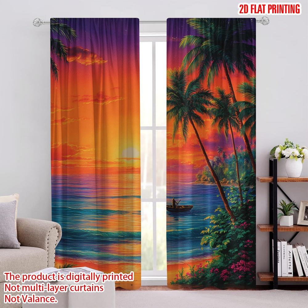 

Set Of 2 Flat Printing Curtain Tropical Sunset Beach Ocean Kayak Digital Printed Polyester Drapes All Season Party Holiday Made W100*H70(CM)-Rod Pocket&1PCS