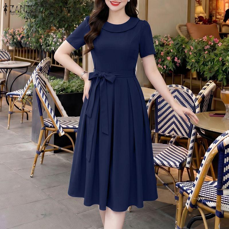 ZANZEA Damen Elegantes Rundhals Lässiges Kurzarmkleid
