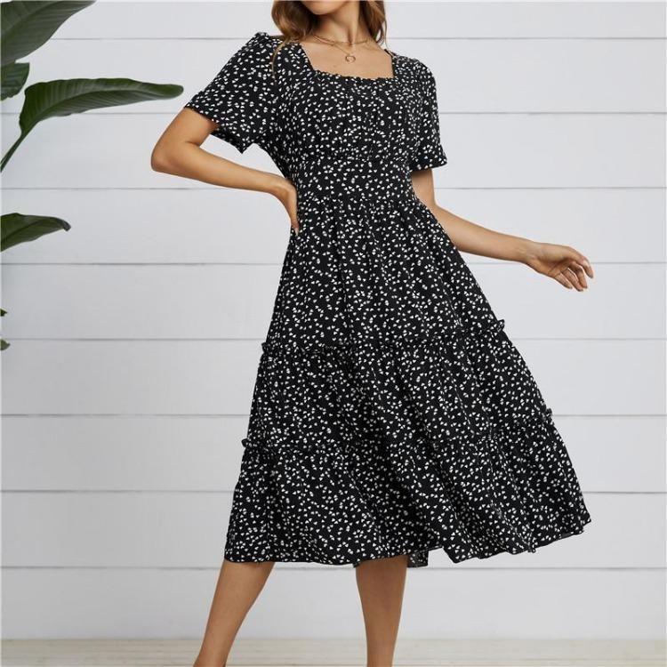 Summer Women Casual Dress Chiffon Medium Long A-Line Short Sleeve Square Collar Ruffles Dot Print Pattern Red Black Blue Green