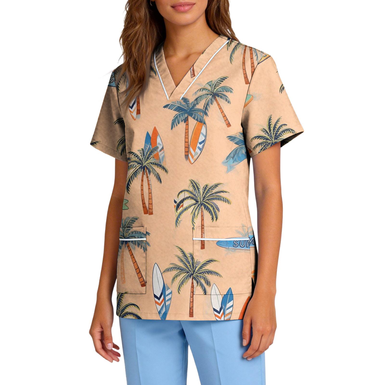 

Unisex V Neck Short Sleeve Scrub Top with Tree and Floral Print Lightweight Fabric Two Front Pockets Relaxed Fit for L оранжевый