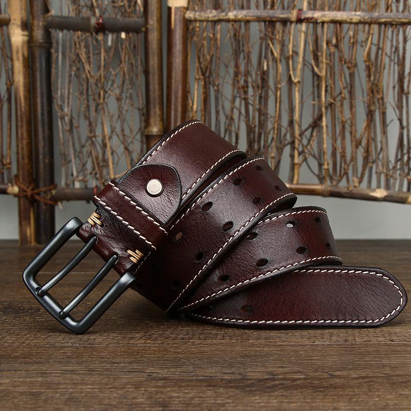 Belt Men's Retro Trendy All-Match Italian First Layer Cowhide Double Pin Buckle Genuine Leather Jeans Belt