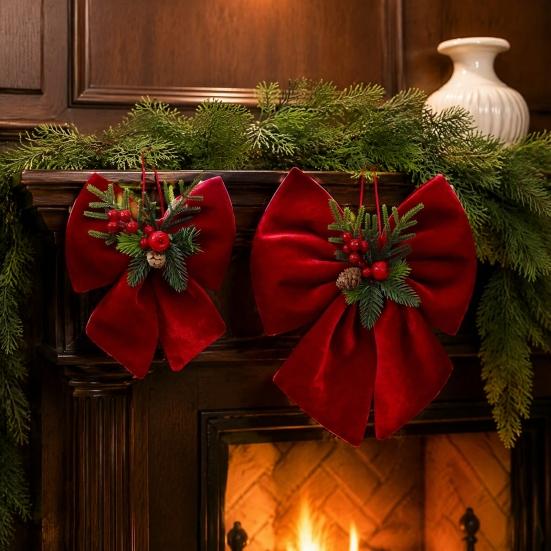 Velvet Ribbon for Christmas Wreaths Bow, Burgundy Red Hanging Bow Ornament with Versatile Garland Decorations Berries Pine Cones Holiday Tree