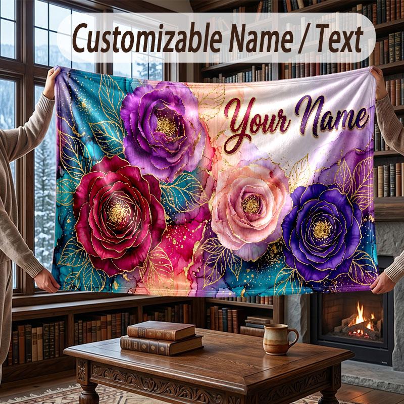 Floral Garden Theme Throw Blanket Custom Name Text Personalized Blanket Soft Cozy Blanket for Home Sofa Bed