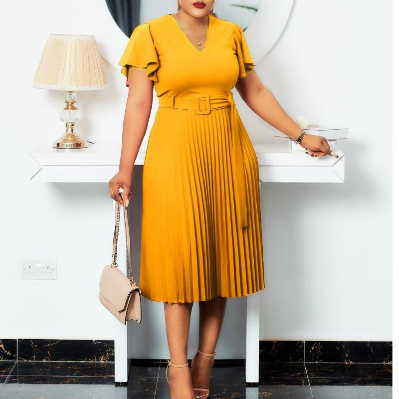 -Neck Lotus Leaf Sleeve Large Size Pleated African Mom Dress