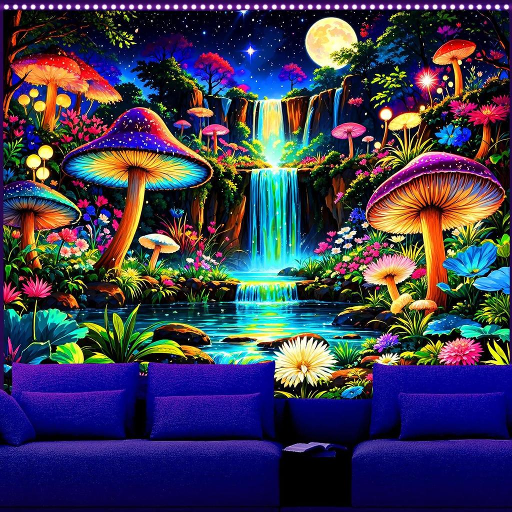 Ine Ive Blacklight Fantasy Mushroom Forest Tapestry Aesthetic UV Reactive Waterfall Tapestries 60x51Inch Moon Night Wildflower Plant Landscape Black