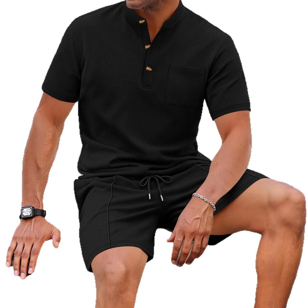 Men's Plus Size Waffle Henley Shirt & Shorts Set - Solid Color, Breathable, Casual.