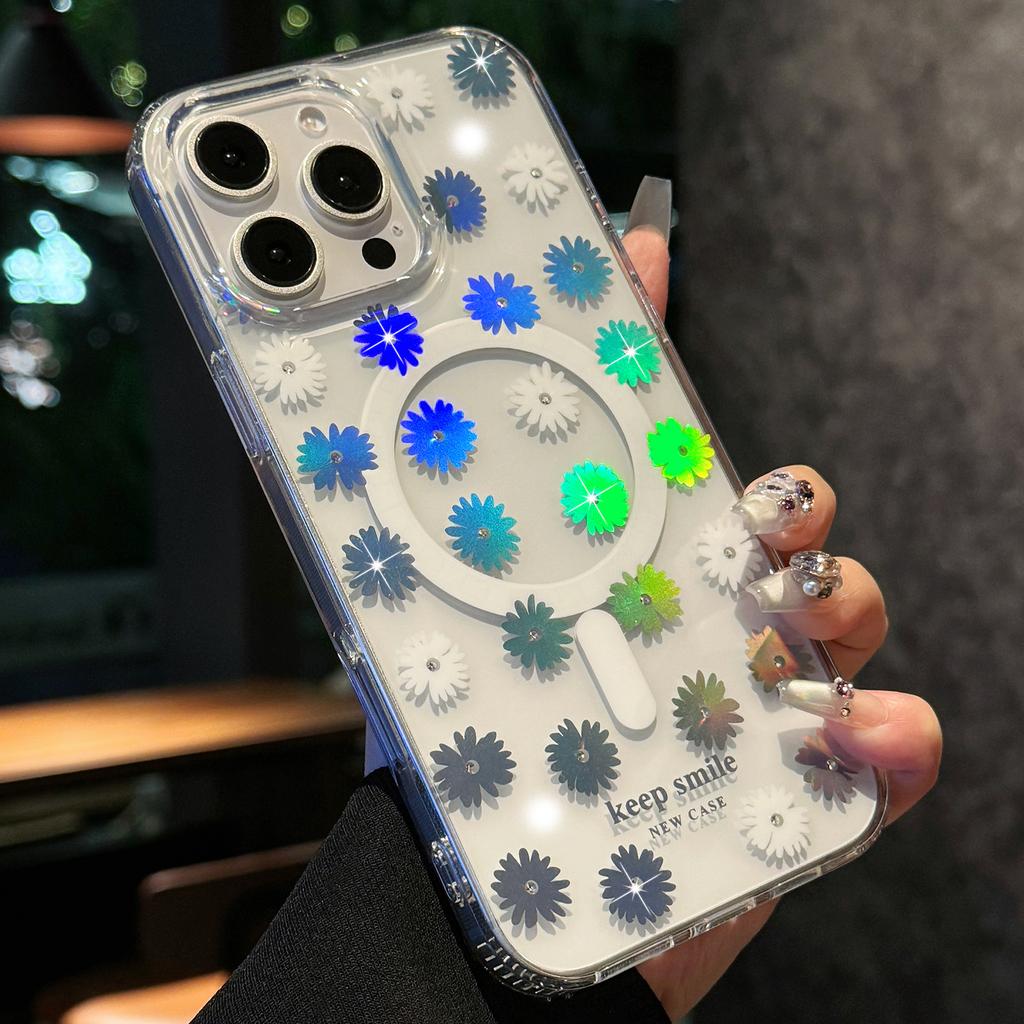 For iPhone 15 Pro Case Compatible with MagSafe Laser Flower PC+TPU Clear Phone Cover