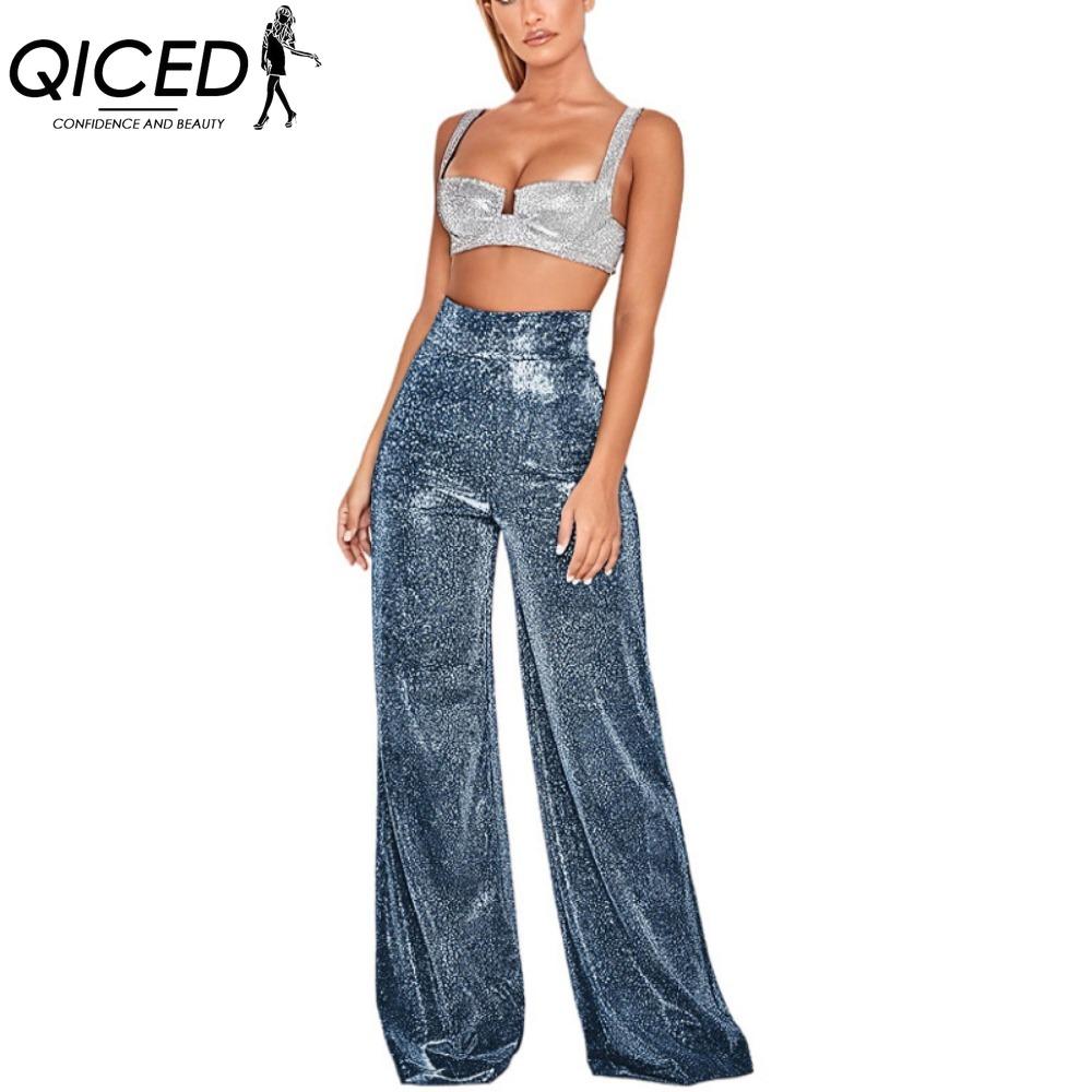 

QICED Женские брюки Блестящие однотонные Брюки с высокой талией Весна Осень Темперамент Свободные Прямые Брюки с широкими штанинами Повседневная одежда XL темно-синий