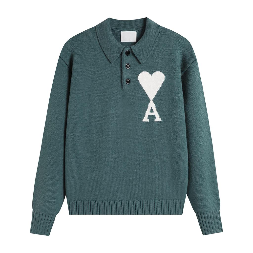 Maglione Unisex in Maglia con Collo a Polo Multicolore con Ricamo a Cuore e A Pullover Casual con Bottoni per Uomo Donna