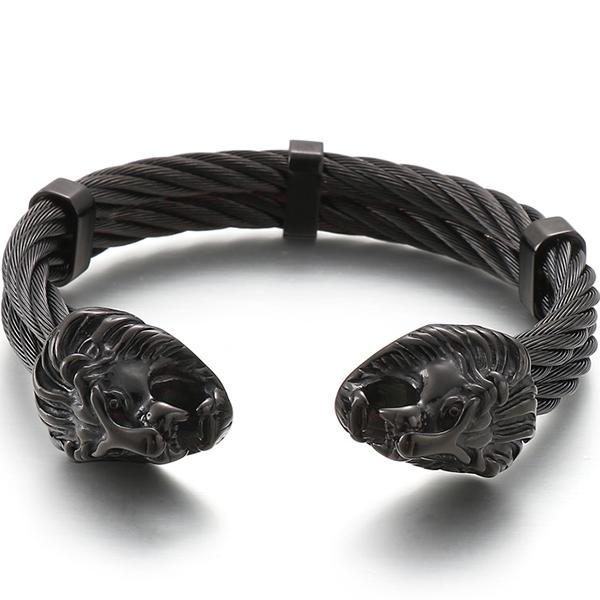 Gotisch Goldfarbe Edelstahl Wolf Löwenkopf Offener Armreif Manschettenarmband für Mann Herren Männlich am Handgelenk Schmuck Zubehör