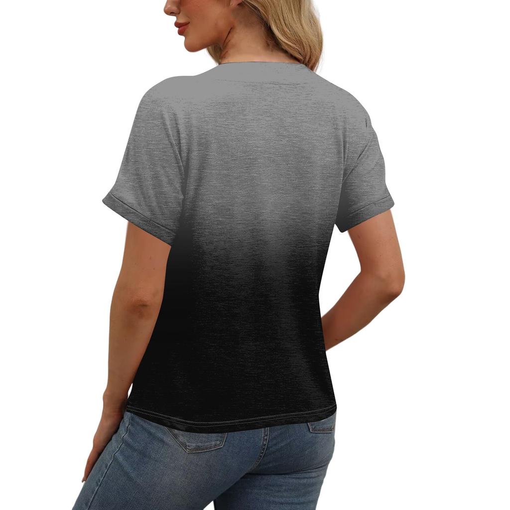 Damska Moda Krótkorękawowa Bluzka z Dekoltem V z Nadrukiem w Kolorze Gradientowym Casualowy T-shirt na Guziki