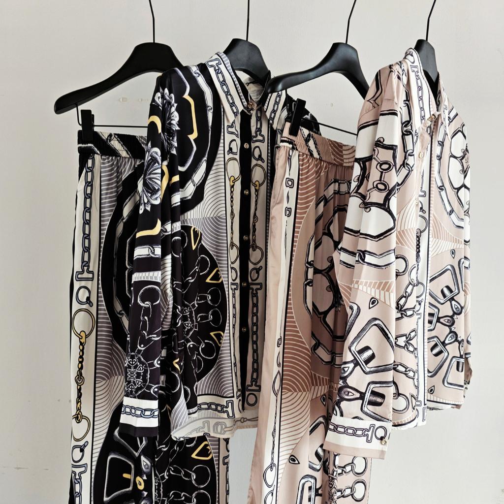 Light Luxury French Old Money Style Retro Rope Chain H Home Positioning Printing Long-sleeved Shirt Women's Fashion Shirt