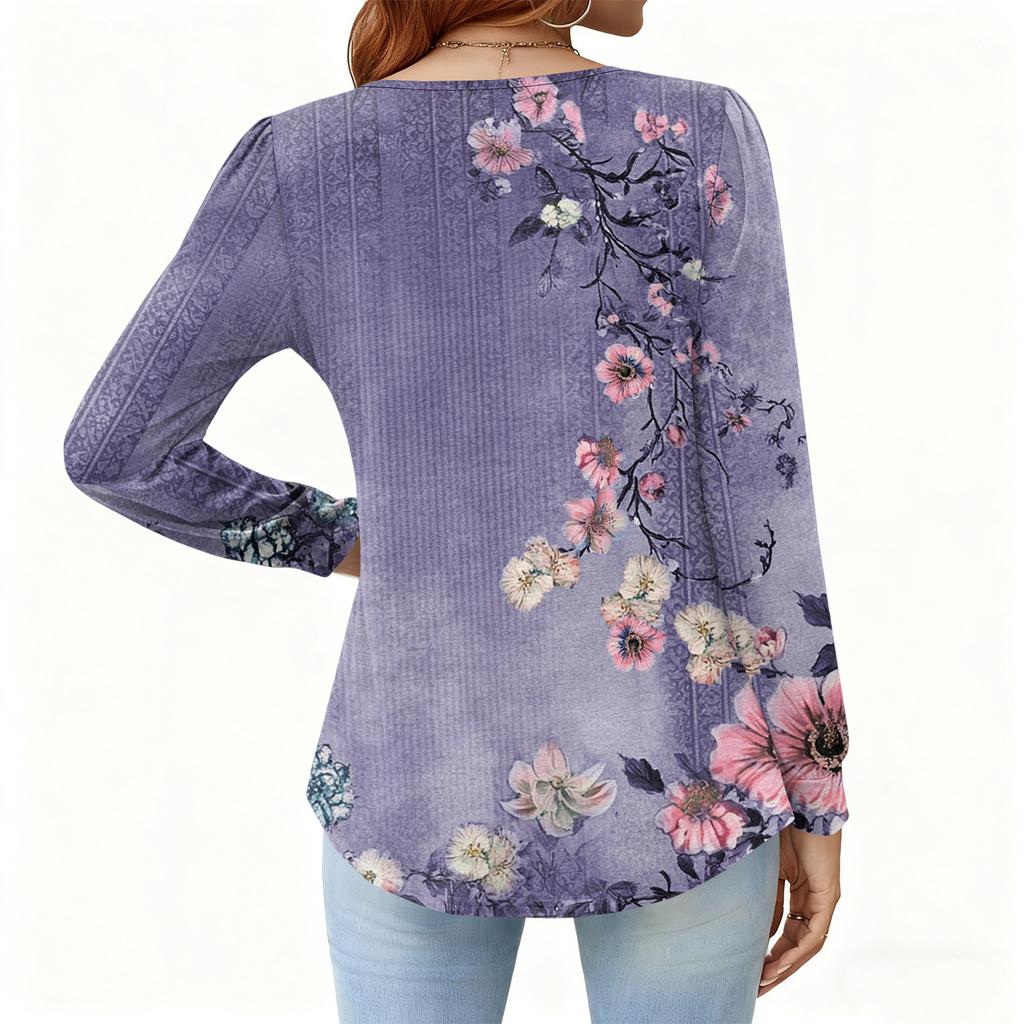 Γυναικείο Χαλαρό, V-λαιμόκοψη, Ρετρό Χρώμα, Μπλοκ με Φλοράλ Σχέδιο, Μακρυμάνικο Πουλόβερ T-shirt