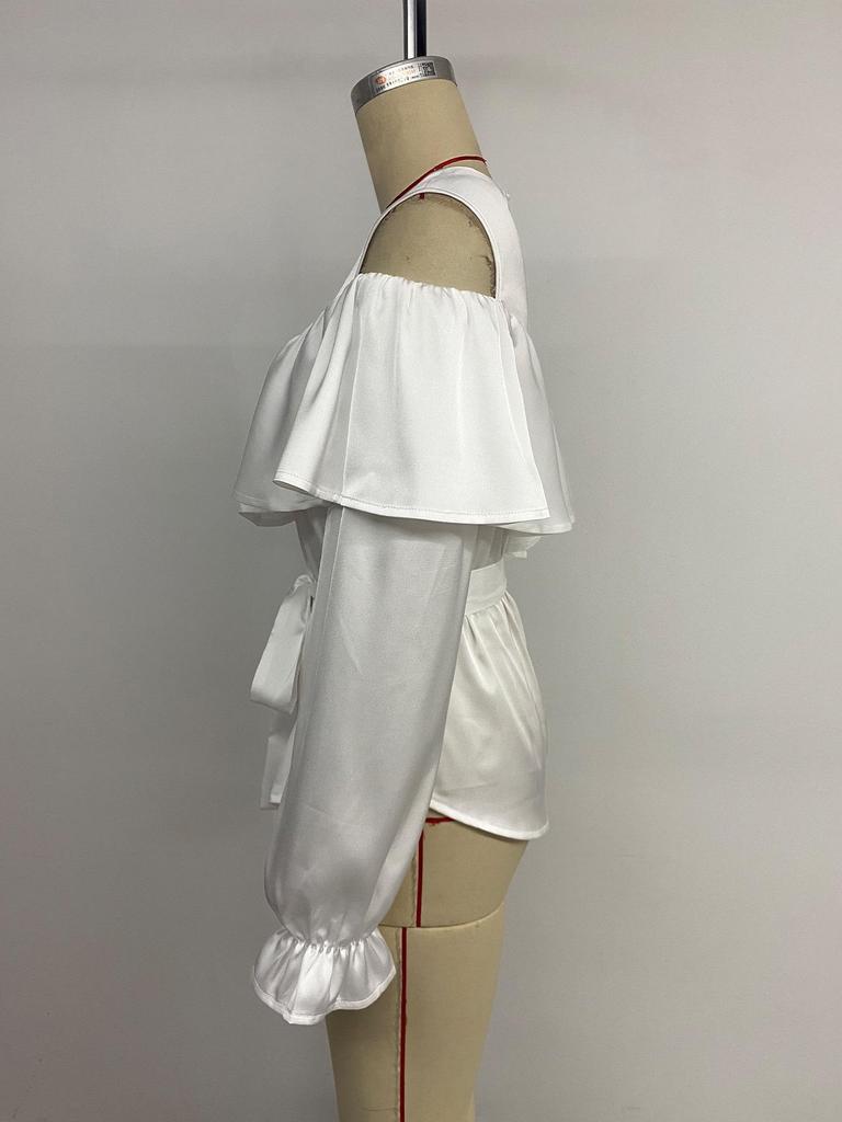 Elegant Off-the-Shoulder Ruffled Satin Blouse with Long Sleeves (Spring/Autumn 2025 Collection)