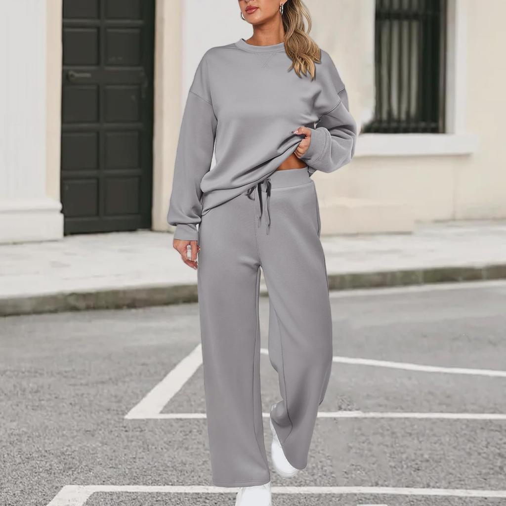 Women's Sports Suit: Solid Color Pullover, Drawstring Straight-leg Sweatpants, Women's Two-piece Casual Suit