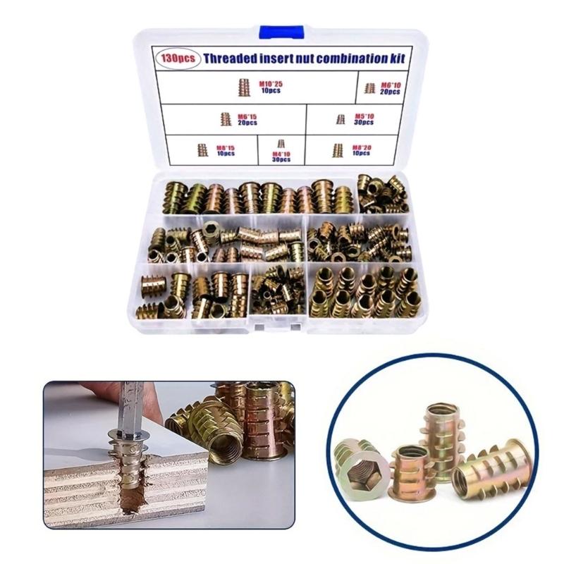 Pack of 130 Mixed Size Internal External Thread Furniture Nuts for Home Assembly and Repair in Storage Box