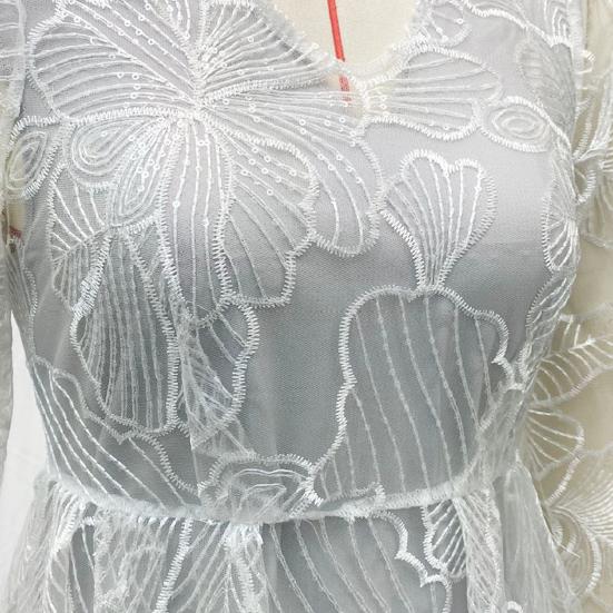 Women Evening Dress Deep V Neck Lace Floral Embroideried Maxi Dress A-line Big Swing Long Lantern Sleeves High Waist Pleated Ball Gown Prom