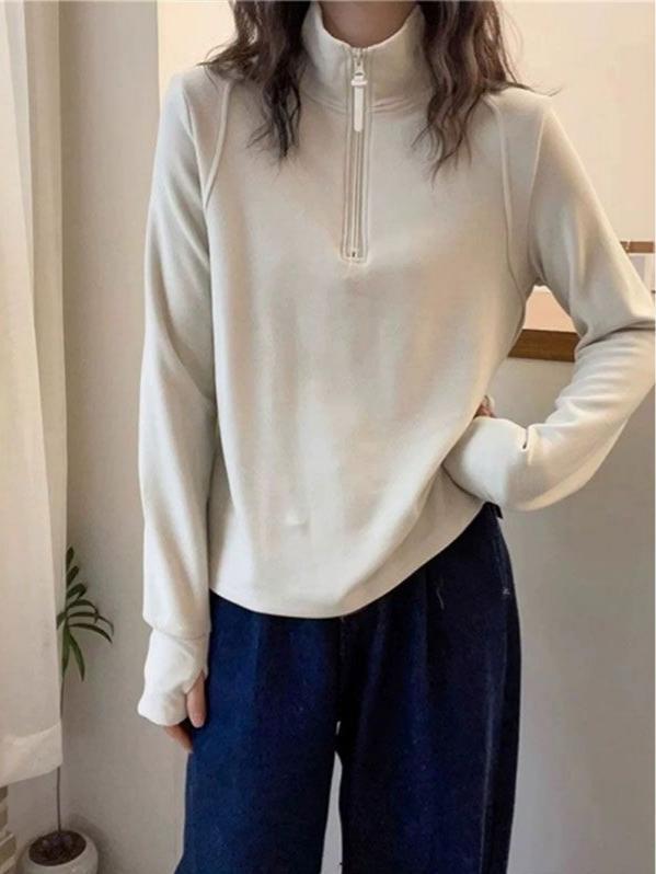 European Style Women's Stand Collar Fleece Pullover: Slimming, Versatile, Long Sleeve for Spring, Autumn, and Winter.