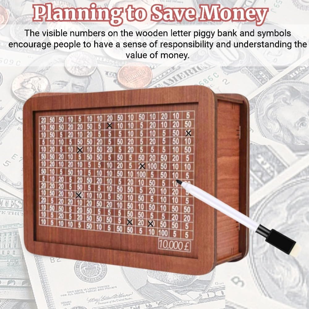 

Money Saving Box,2024 New Wooden Cash Vault Piggy Bank for Adults Kids, Saver Money Box with Counter,Wooden Money Box with Money Target and Numbers, 1000$