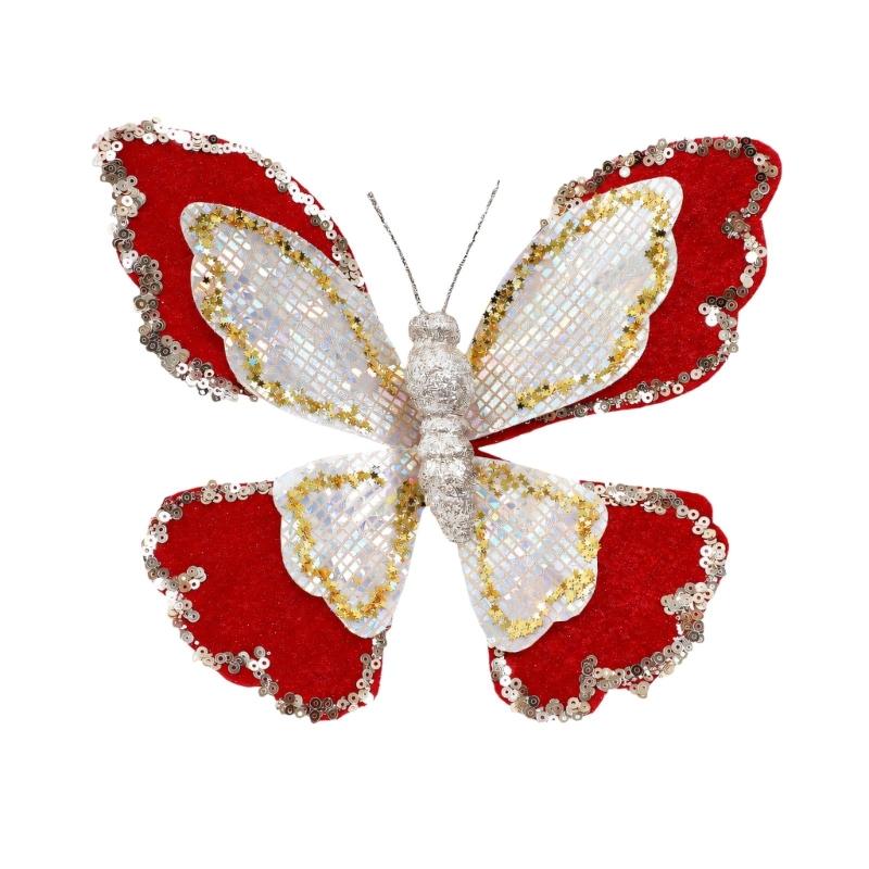Sparkling Butterfly Decoration with Sculpted Profile and Attached Loop for Christmas Backrops Holiday Tree and Mantel Displays