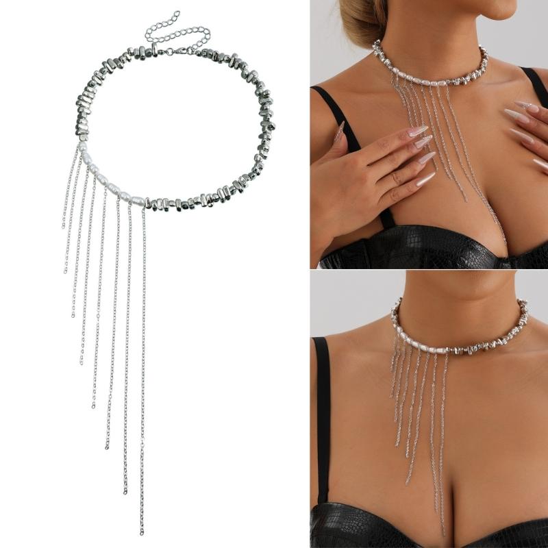 Modische Quasten-Halskette mit unregelmäßigen Perlen, handgefertigte Schlüsselbeinkette, verstellbare Länge, Halskette für Partykleidung