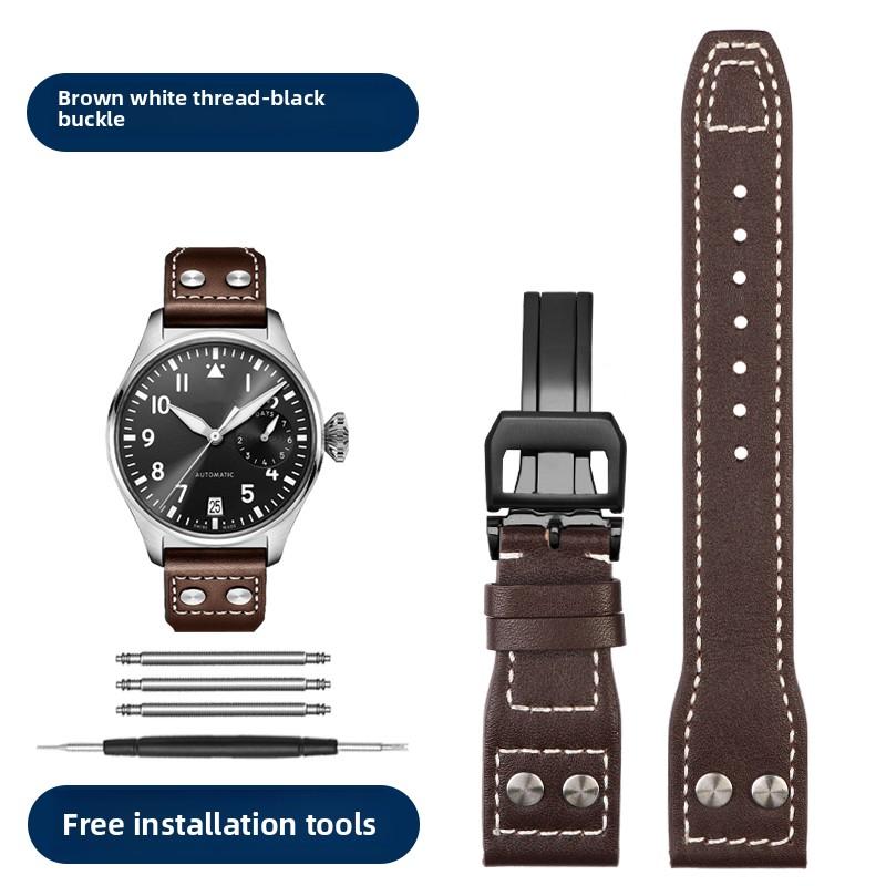 21 22mm Armband Retro Echtes Leder Nieten Armband Für IWC Big Pilot Spitfire Mark18 Vintage Braun Schwarz Blau Rindsleder Uhrenarmband