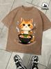 Kitten Who Likes To Eat Lamian Noodles Snow Washed TShirt Mans Cotton Tee AllMatch Retro Clothing Unisex ONeck Loose Top