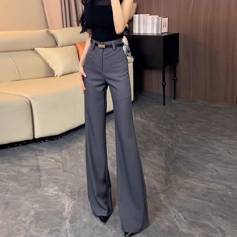 

Gray High-Grade Temperament Skinny Suit Pants Women 2025 Summer New High Waist Pleat without Leg Sticking Trumpet pants Grey [Long] send random belt L