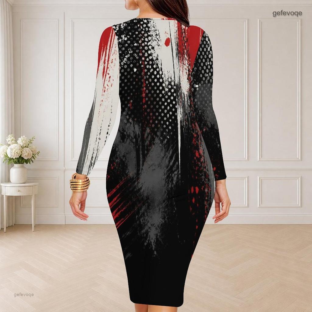 Women Plus Size Round Neck Long Sleeve Printed Gradient Bodycon Midi Dress