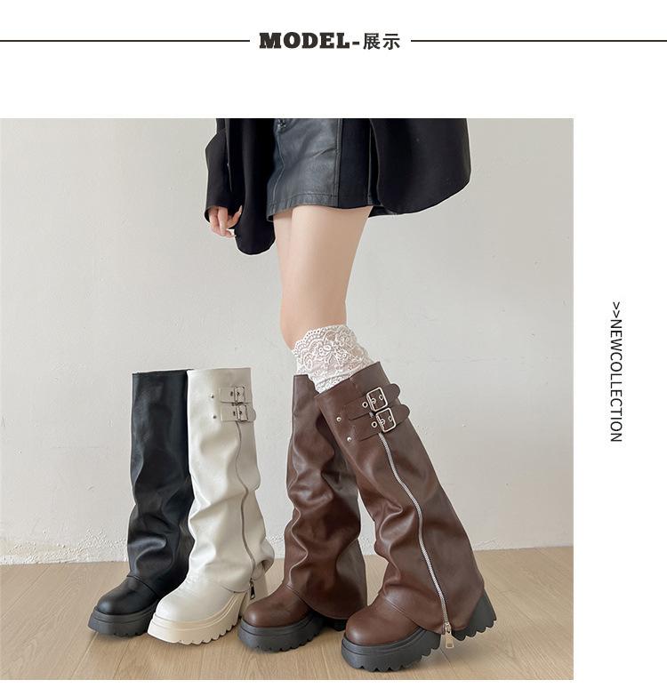 Svarta retro platåstövlar med tjock klack dam 2025 nya höst brittisk stil smala men knähöga byxstövlar