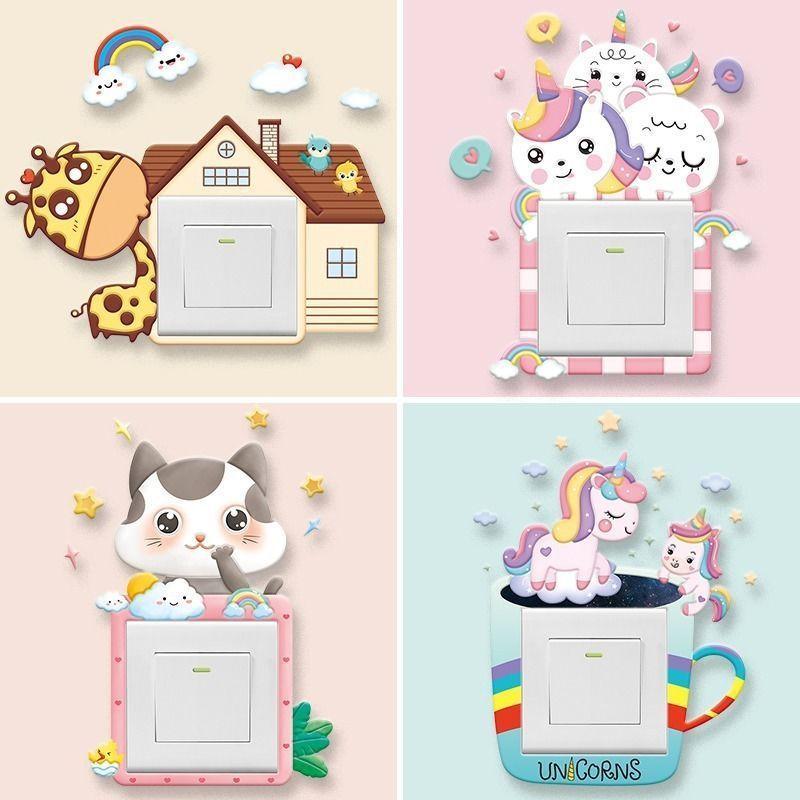 Unicorn Switch Sticker 3D Cartoon Kids Room Decor luminous Stickers Switch Cover Wall Light Unicorn Socket Stickers Decoration